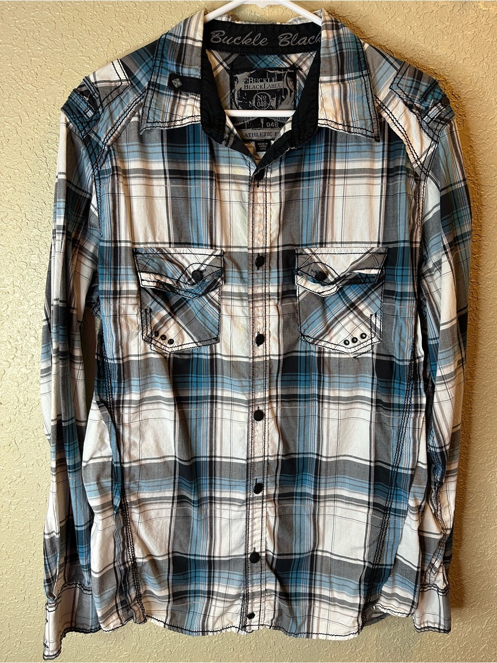 Buckle Men’s Blue, Black & White Plaid Dress Shirt